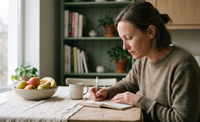 Una mujer anotando dos líneas en su cuaderno por la mañana
